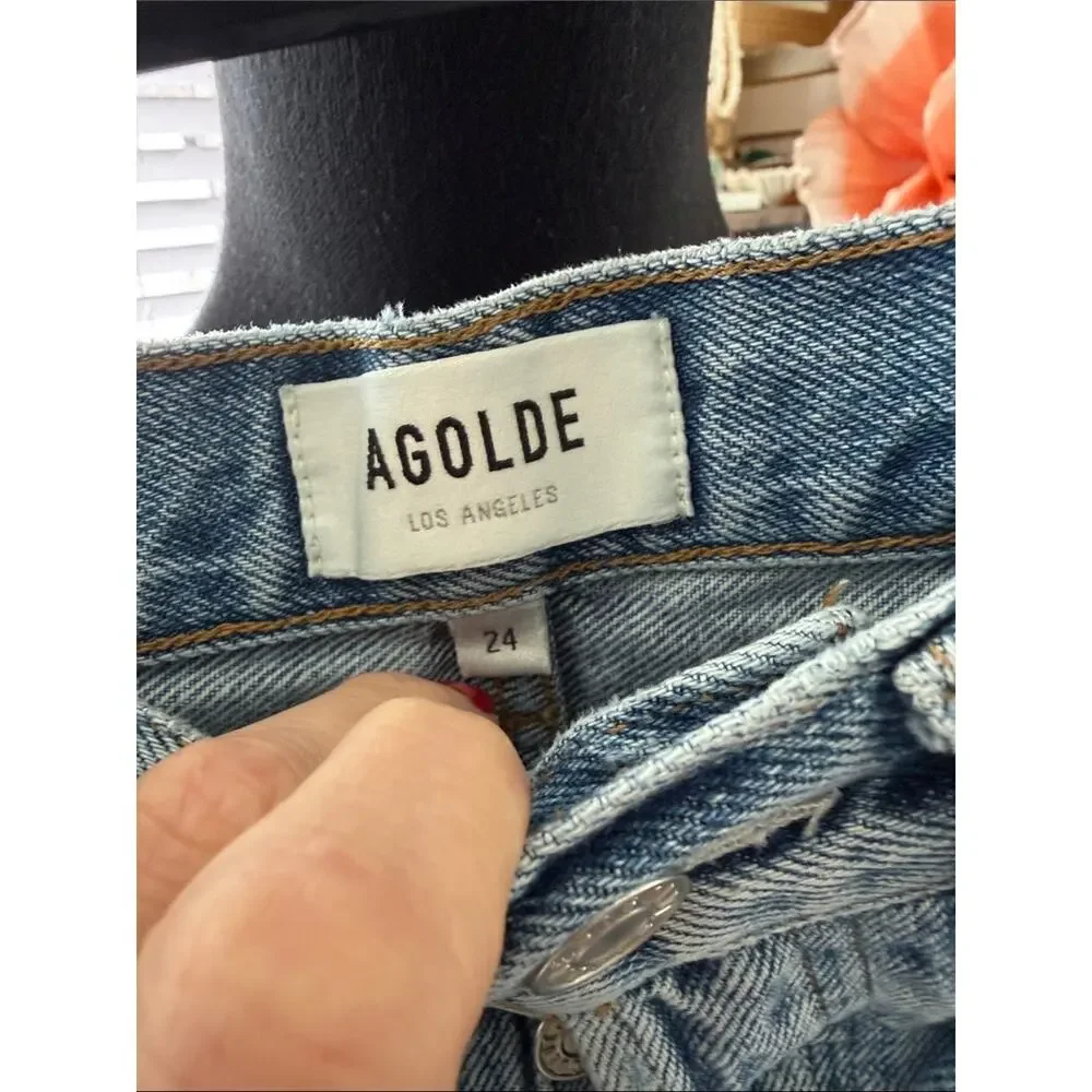 Agolde Parker Long Blue Distressed Button Fly Cutoff Denim Jean Shorts